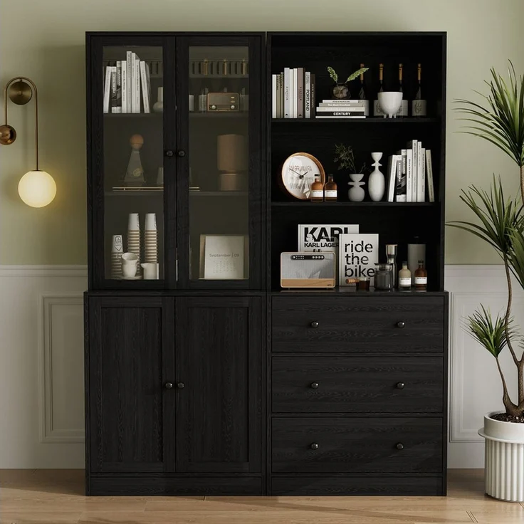 VOWNER Bücherregal 5-stöckiges Bücherregal mit Glastüren, 180 cm Vitrinenschrank, 2-tlg, multifunktionaler Küchenschrank Hochschrank & Buffetschrank – Bild 5