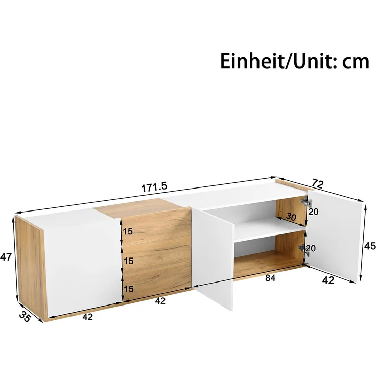 TV-Lowboard aus MDF mit 3 Türen & 3 Schubladen, 171,5x35x47 cm, Weiß/Holzfarben – Bild 10
