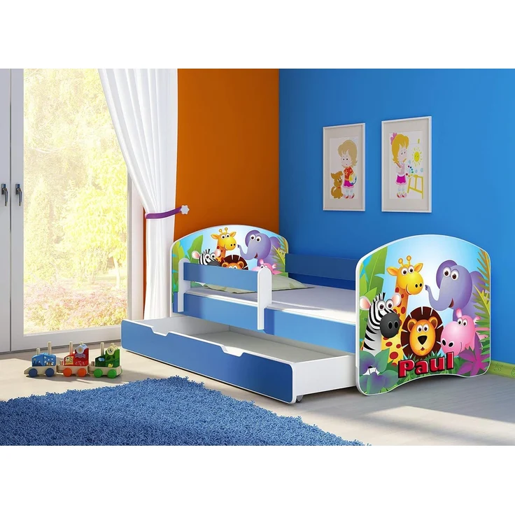 ACMA Kinderbett Jugendbett mit Einer Schublade und Matratze Blau mit Rausfallschutz Lattenrost II 140x70 160x80 180x80 (01 Zoo, 160x80 + Bettkasten) – Bild 3