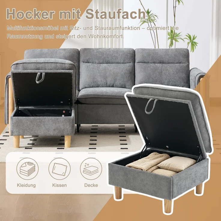 EINHOM Dreisitzige Sofagarnitur im nordischen Stil mit Aufbewahrungshocker, L-förmiges Stoffsofa mit Seitentaschen und Tischbeinen aus Holz, ideal für Wohnzimmer und kleine Räume (Grauer Chenille) – Bild 6