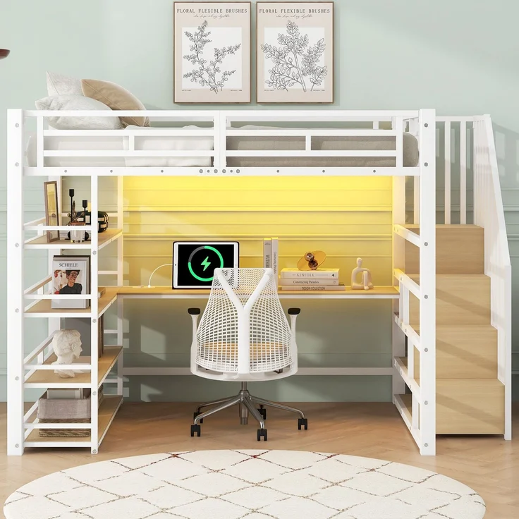 Hochbett mit RGB LED-Streifen, Schreibtisch, Lattenrost, Regal und USB, Treppe mit Regal, 140x200 cm, Kinderbett mit Rausfallschutz, Metallbett – Bild 2