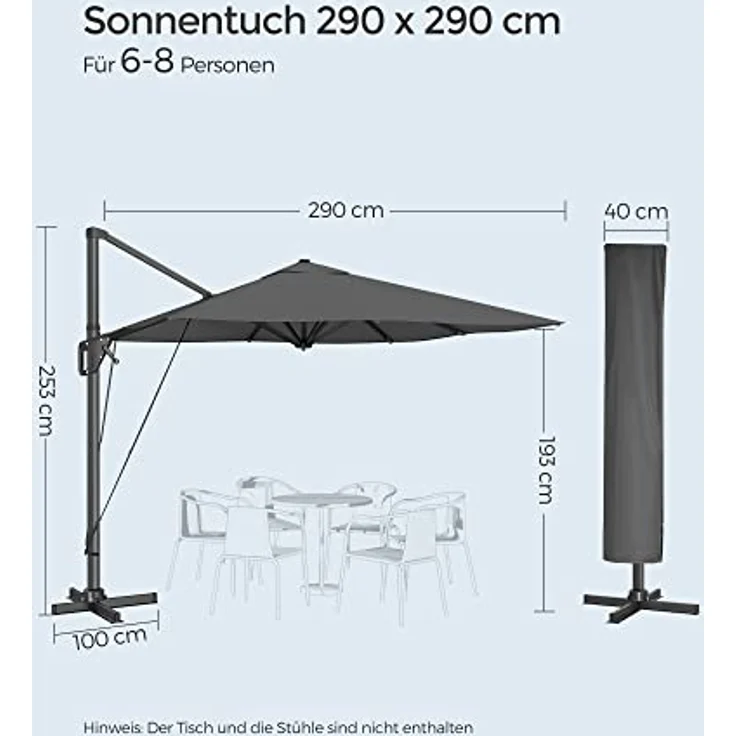 Songmics Sonnenschirm mit Ständer, 360° drehbar, UPF 50+, Rauchgrau, 253 x 290 x 290 cm – Bild 8