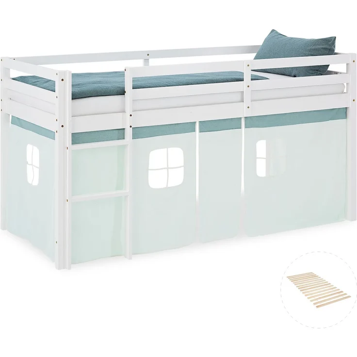 Hochbett Kinder 90x200 cm mit Lattenrost Kinderbett Kinderhochbett Stockbett Vorhang Grün Mintgrün Holz Massiv – Bild 1