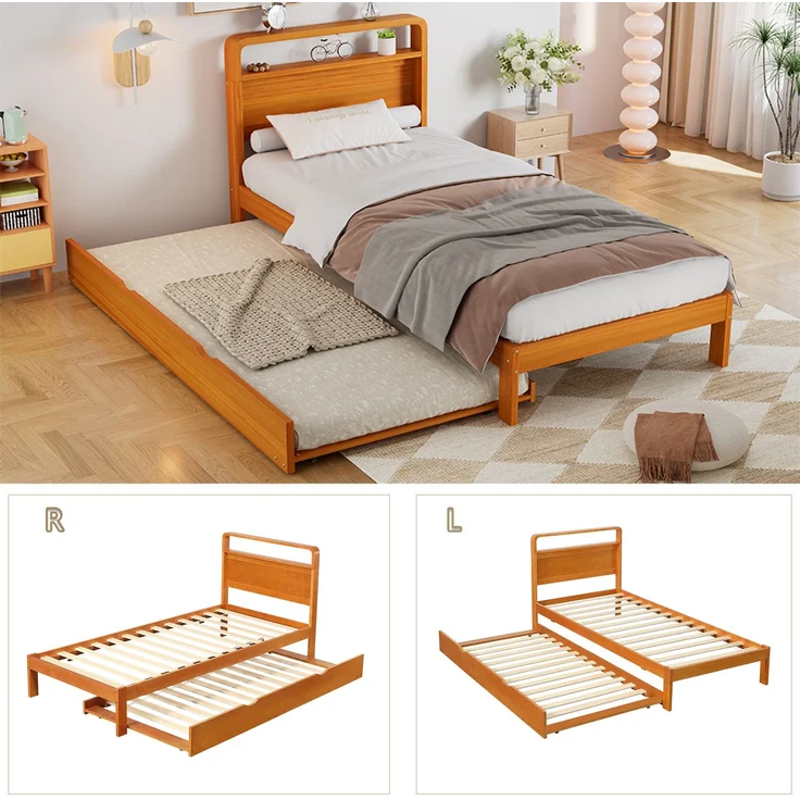 Merax Holzbett, Einzelbett, Kinderbett, 90x200 cm, mit Ausziehbett 90x190 cm, Funktionsbett mit links/rechts montierbarem Gästebett, Natur – Bild 6