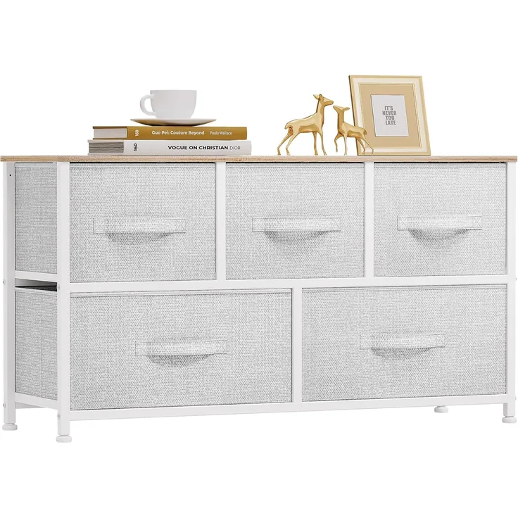 YITAHOME Kommode,Kommode mit 5 Schubladen,Schrank,Stoffschubladen mit Griffen,Metallgestell,Dauerhaft,Hellgrau