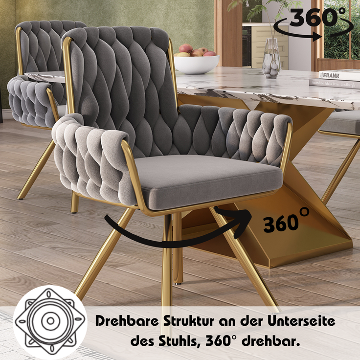Merax Samt-Esszimmerstuhl, 6er set, Sessel, einzelner luxuriöser Wohn- und Schlafzimmer-Drehstuhl, Freizeit-Drehstuhl mit vier Stützbeinen aus Metall, grau – Bild 5