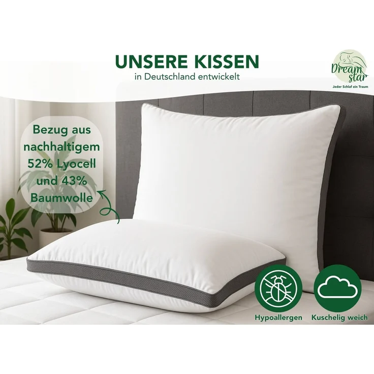 Dreamstar Kopfkissen Wohlfühlkissen, einzeln oder als 2er-Set, stützend und entlastend, Füllung: hochwertige Hohlfaser-Füllung, Bezug: 47% Lyocell, 53% Baumwolle, Seitenschläfer, Rückenschläfer, Bauchschläfer, 1-tlg, atmungsaktives Klimaband, allergike... – Bild 3
