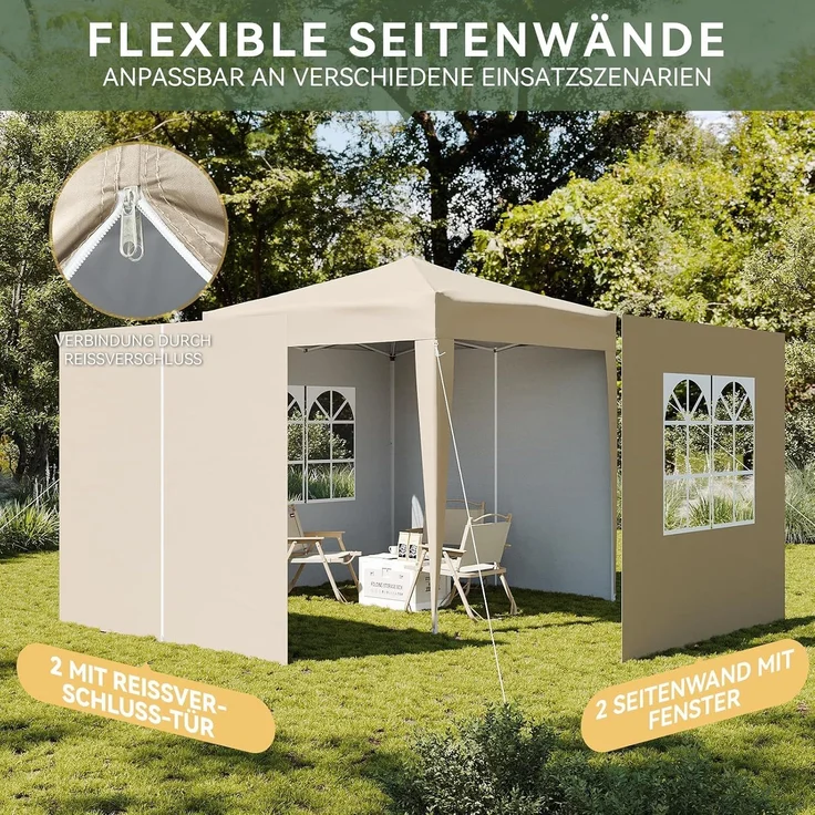 Aoxun Pop Up Pavillon 2x2m Wasserdicht mit 4 Seitenwänden, Metallrahmen-Schutzzelt, Höhe Verstellbar, Faltpavillon 2x2 mit Tragetasche für Camping Party, Beige – Bild 5