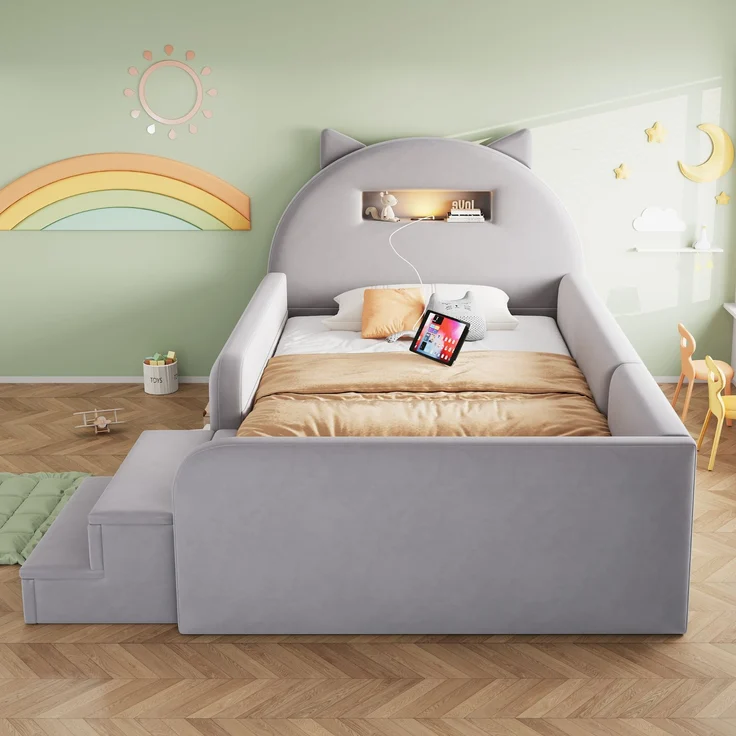 LVHOM Kinderbett 90x200cm mit Rausfallschutz, Polsterbett mit Nachtlicht, USB, Schubladen und Stufenbank, Samt, Hellgrau – Bild 9