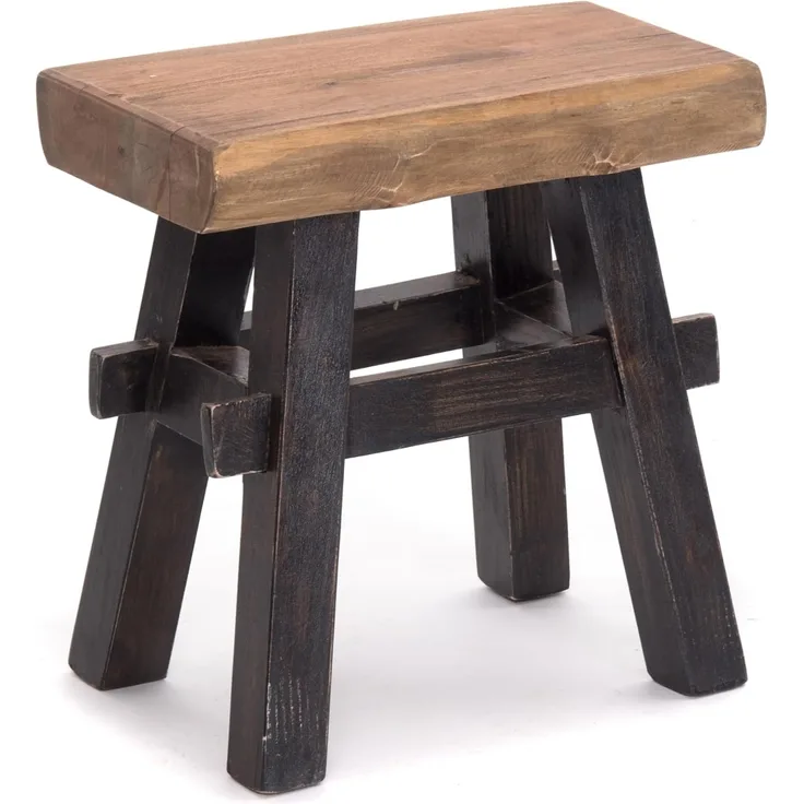 DESIGN DELIGHTS RUSTIKALER Holz HOCKER Vintage 40" | Recycling Hartholz, 43 x 45 x 27 cm (HxBxT) | Sitzhocker aus Massivholz, Schemel | Farbe: 04 schwarz-Natur