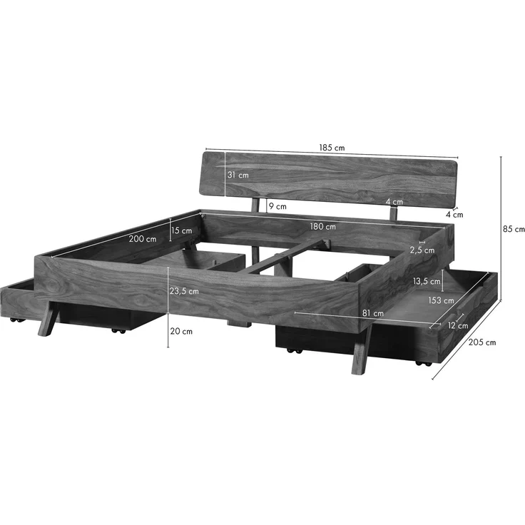Bett mit Schublade Sheesham 180x200x80 natur sandgestrahlt lackiert MALMÖ 2 #235 – Bild 6