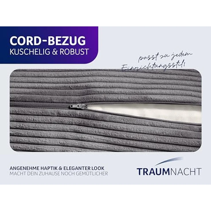 Traumnacht Cozy Rückenkissen, Lesekissen,70x40 cm, dunkelgrau,abnehmbarer,waschbarer Bezug aus gemütlichem Kord, praktisches Seitenfach, Öko-Tex zertifiziert,produziert nach deutschem Qualitätsstandard – Bild 5