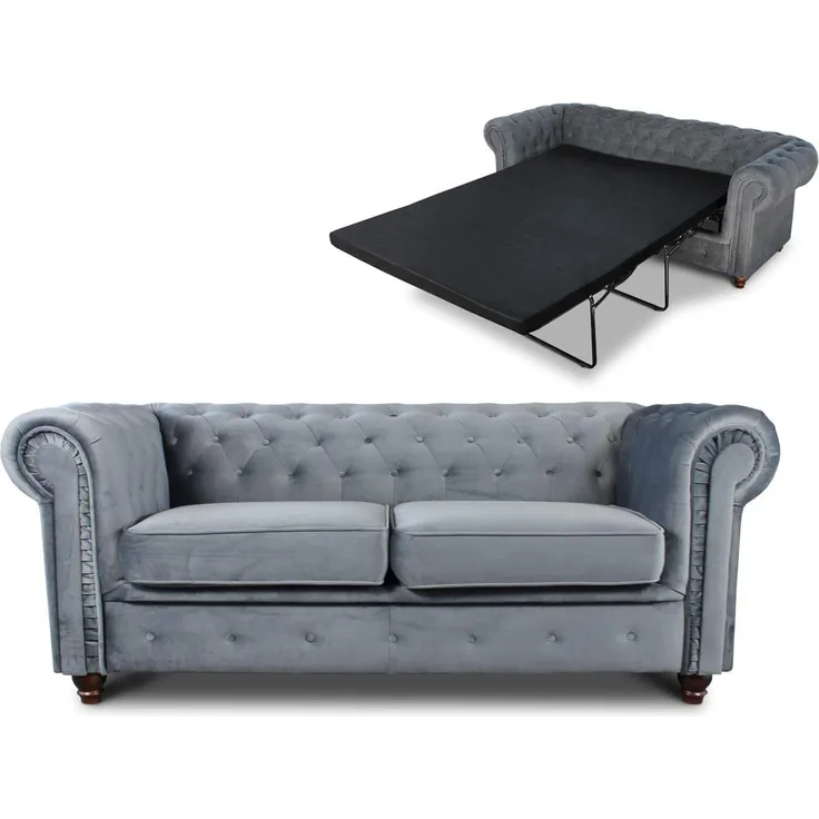 Schlafsofa Chesterfield Asti Bis 2-Sitzer, Sofa mit Schlaffunktion, Couch 2-er, Couchgarnitur, Sofagarnitur, Holzfüße, Glamour (Grau (Velvet 10))