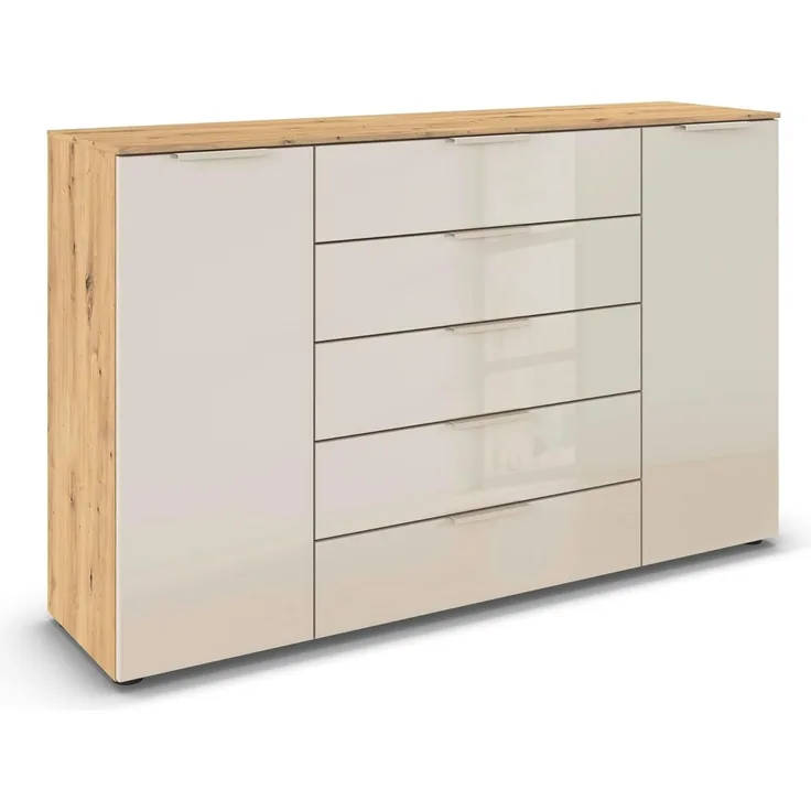 Rauch Möbel Flipp, Kommode für Schlafzimmer, Kinderzimmer, Wohnzimmer, Jugendzimmer, Flur, Garderobe, 2-türig, 5 Schubladen, mit Softclose-Funktion, Farbe Eiche Artisan, Holz/Glas Beige, Breite 160 cm