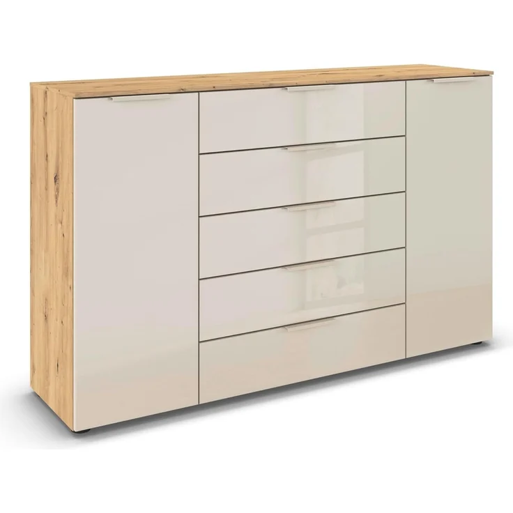 Rauch Möbel Flipp, Kommode für Schlafzimmer, Kinderzimmer, Wohnzimmer, Jugendzimmer, Flur, Garderobe, 2-türig, 5 Schubladen, mit Softclose-Funktion, Farbe Eiche Artisan, Holz/Glas Beige, Breite 160 cm – Bild 1