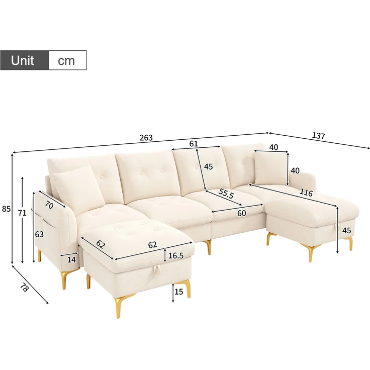 Merax 4-Sitzer U-förmiges modulares Schlafsofa mit 2 Stauraumhockern und 2 Dekokissen, Gesamtmaße 263×137×85 cm, Beige – Bild 4