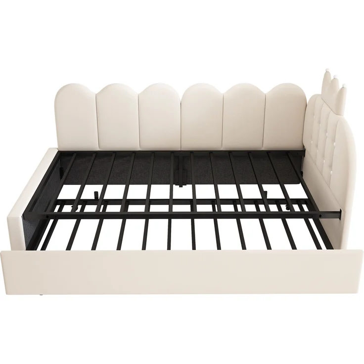 Merax Einzelbett 90x200 cm, Kinderbett, Polsterbett mit 90x190 cm Ausziehbett, Niedliches Kronen- und Gitterdesign, Samt, Beige – Bild 9