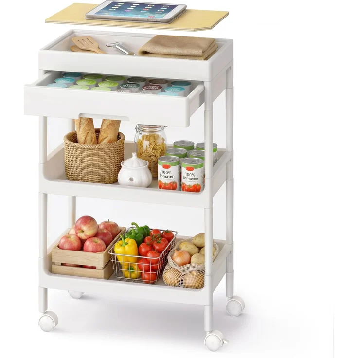 SONGMICS Rollwagen 3 Ebenen, Servierwagen mit Rollen, Küchenwagen, abnehmbare Deckplatte als Tablett, mit Schublade, Kunststoff, einfacher Aufbau, Küche, weiß-goldeichenfarben BSC069W101 – Bild 1