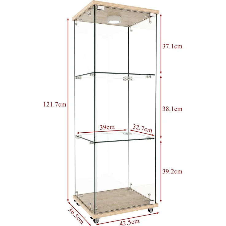 Moderne Glasvitrine mit LED-Beleuchtung,Vitrine,Bücherregal aus gehärtetem Glas,Geeignet für Wohn- und Schlafzimmer, eintüriges dreistufiges Design, Naturholzoptik-H120/B42.5/T36.5 cm--Natürlich--42.5x36.5x120cm--YOUDENOVA – Bild 2