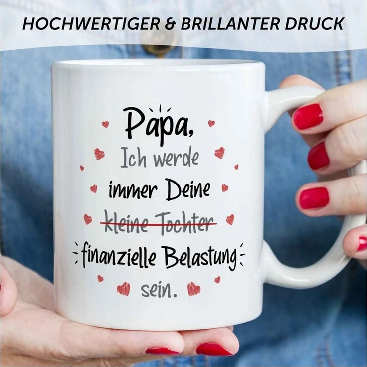 GRAVURZEILE Tasse bedruckt mit dem Spruch - Finanzielle Belastung - Lustige Geschenke, aus Keramik - Spülmaschinenfest, - Papa Tochter - Weiß – Bild 4