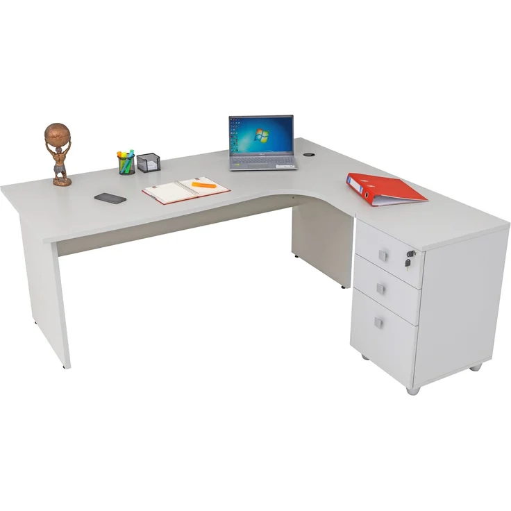 Winkelschreibtisch Dona, Holzfuß, grau Dekor, 180 cm x 120 cm x 74 cm, inkl. Beistellcontainer, rechts gewinkelt – Bild 6