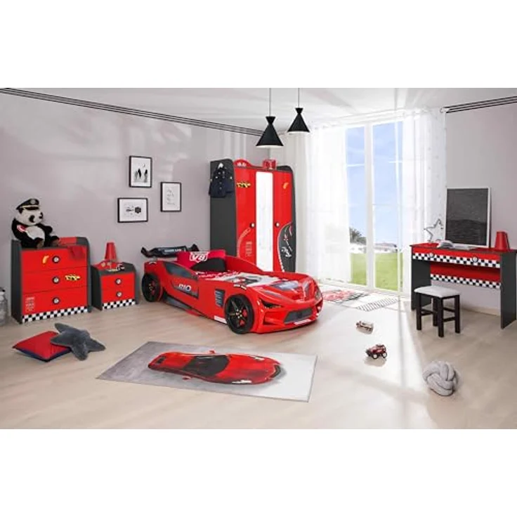 Kinderzimmer komplett Set mit Autobett Rio 5 teilig Rot – Bild 3