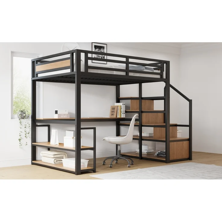 Metall-Hochbett mit Aufbewahrungsleiter,Regalen und Tisch Sicherheitszaun-Design mit gespleißten Metallplanken Hohes Eisenrahmenbett mit Metallrahmen für stabile Unterstützung,Metall,Schwarz,140 x 200 cm – Bild 6