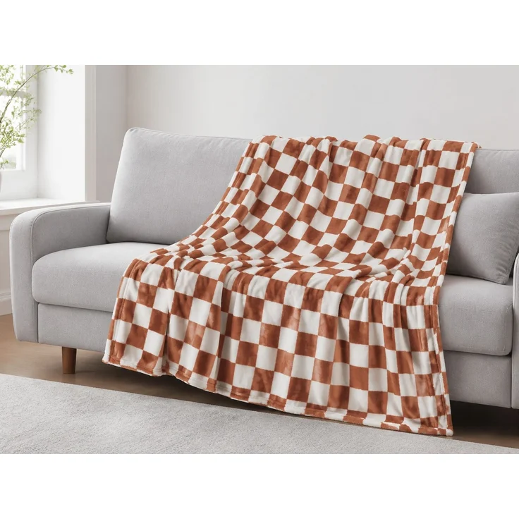 Fleecedecke mit Schachbrettmuster für Sofa und Bett Braun-Weiß, 70x100 cm – Bild 2