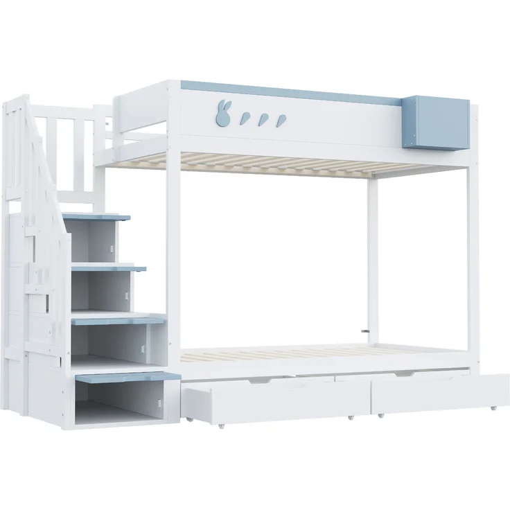 Kinder-Etagenbett 90x200 cm mit Kaninchen-Design, Stauraumleiter, Schubladen, Ablagefach, Massivholz,Weiß & blau – Bild 8