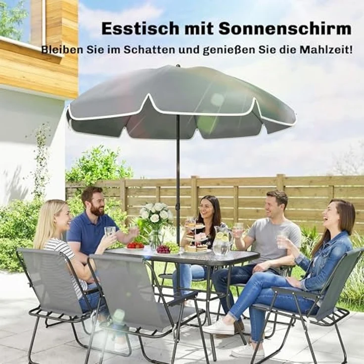 Outsunny Garten-Essgruppe mit 6 Klappstühlen, Sonnenschirm, Wasserwellenmuster, (Gartenset, 8-tlg, Gartenmöbel Set), für Garten Terrasse Grau – Bild 5