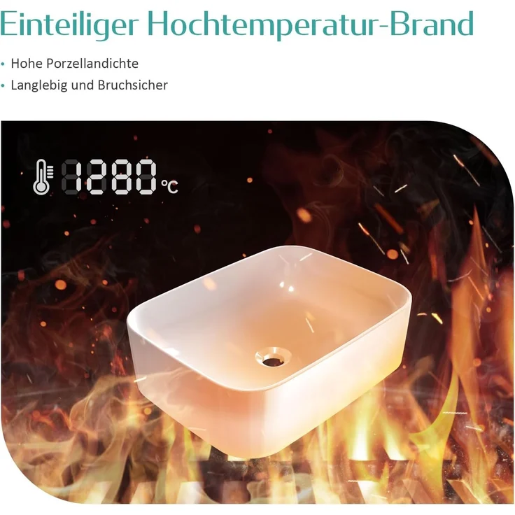 EMKE Waschbecken Aufsatzwaschbecken 50 x 38 x 15 cm, Handwaschbecken für Badezimmer & Gäste WC, Waschtisch Klein Waschbecken Bad Waschschalen Eckig Keramikwaschbecken Weiß – Bild 6