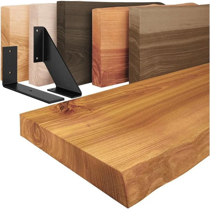 LAMO Manufaktur Wandregal Holz Baumkante Regal Farbe: Rustikal mit weißem Basic 40 cm, Komplett-Set, 40mm stake Massivholzplatte