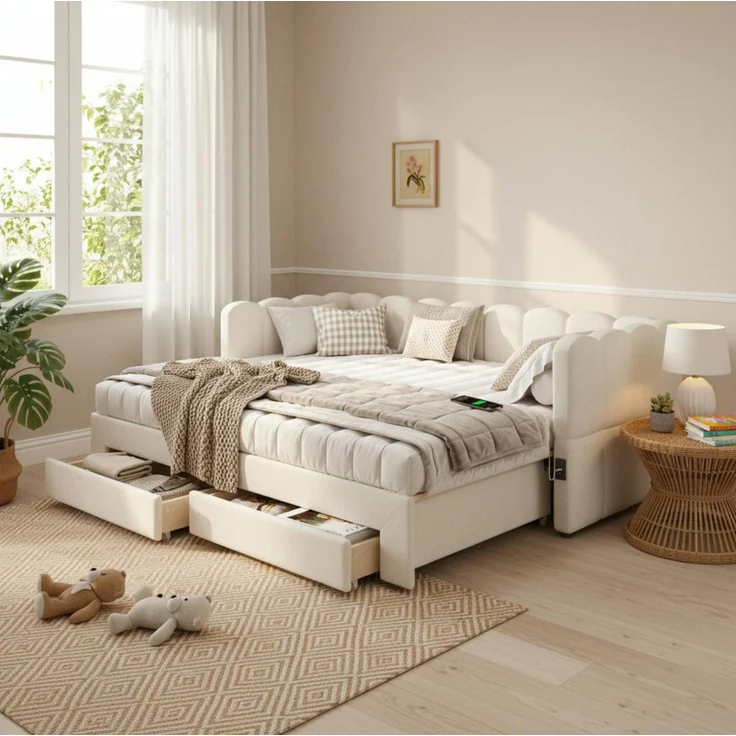 CHICFURN Ausziehbett 90/180x190 cm aus Leinen Beige mit 2 Schubladen und USB- und Type-C-Anschlüssen – Bild 3