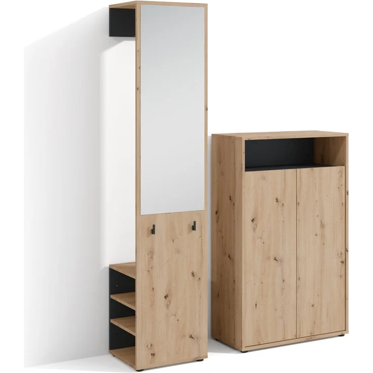 byLIVING Garderoben-Set Lyon/Weiß oder Artisan Eiche kombiniert mit Schwarz/Hochschrank mit Spiegel/Schuhschrank/B 40, H 185, T 35 cm, B 70, H 115, T 33,5 cm