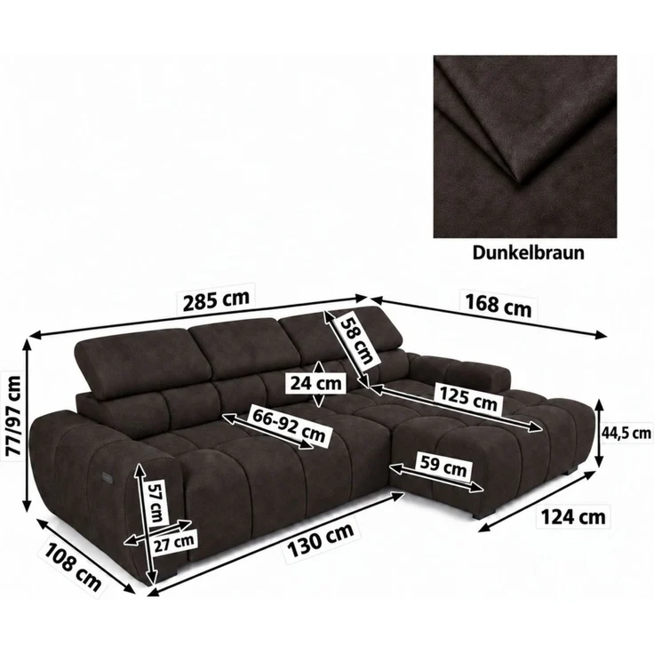 Ecksofa Schlafsofa VELUNIO RELAX in Stoff Salvador Dunkelbraun Ottomane Links – Bild 6