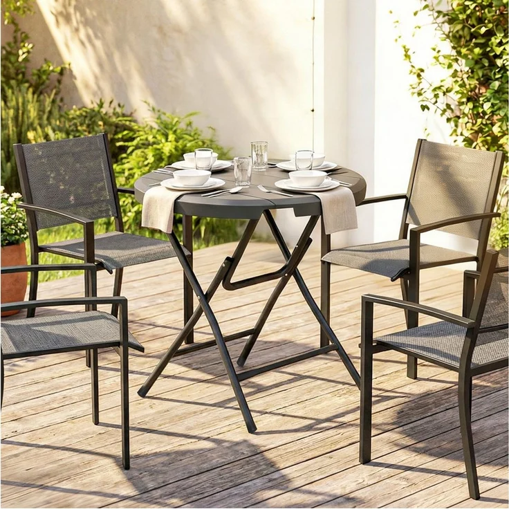 Outsunny Gartentisch Campingtisch Garten Esstisch mit Holzoptik, für Balkon, Terrasse (Beistelltisch für 4 Personen, 1-St, Runder Klapptisch), HDPE, Dunkelgrau – Bild 1