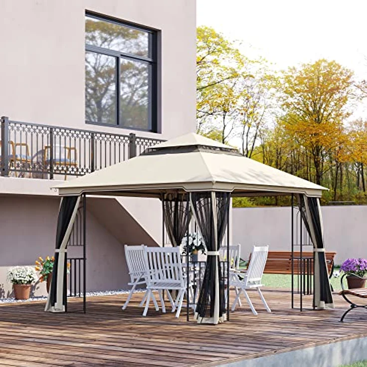 Outsunny Gartenpavillon mit Doppeldach, 4 abnehmbare Seitenwände, pulverbeschichteter Metallrahmen, Beige, 2,99 x 2,99 x 2,74 m – Bild 2