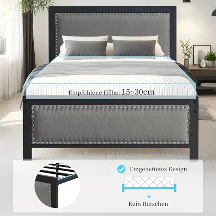 VECELO 2er-Set Polsterbett 90x200 cm mit Lattenrost, Einzelbett mit Leinen-Kopfteil und Nietenakzente, stabiles Metall-Bettgestell, geräuscharm, einfache Montage, Dunkelgrau – Bild 5