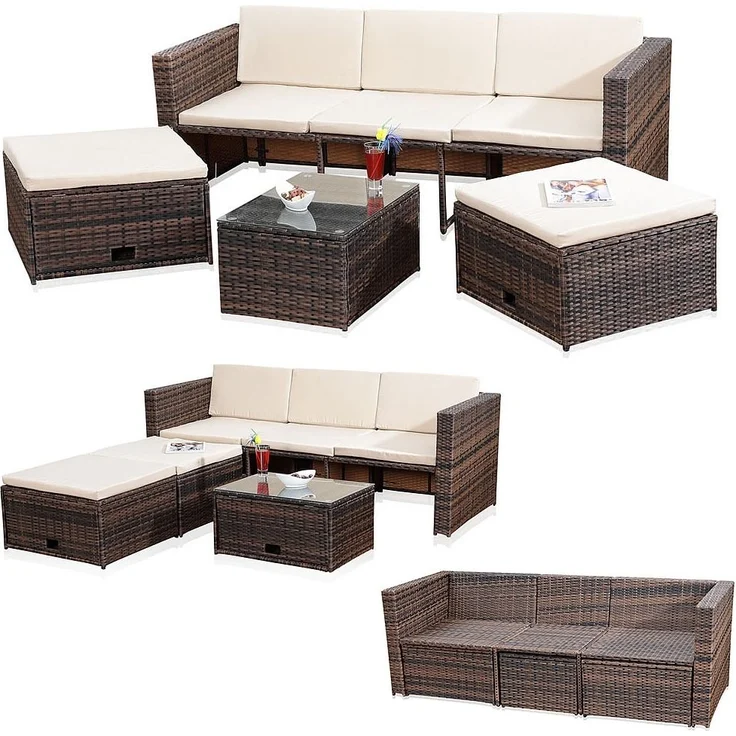 Lounge Gartenset Rattanmöbel Polyrattan Sitzmöbel Set Sofa Tisch 2 Hocker braun – Bild 1
