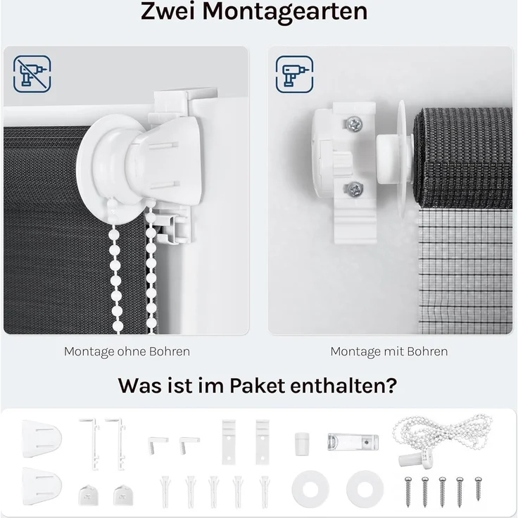 WOLTU Doppelrollo Klemmfix ohne Bohren Anthrazit B90 x H150 cm, Duo Rollo Zebrarollo Fensterrollo Klemmrollo Seitenzugrollo Easyfix lichtdurchlässig & verdunkelnd Rollos für Fenster und Tür – Bild 4