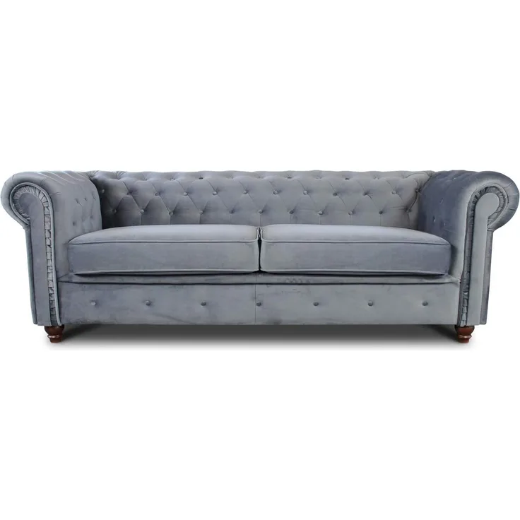Sofa Chesterfield Asti 3-Sitzer, Couch 3-er, Glamour Design, Couchgarnitur, Sofagarnitur, Holzfüße, Polstersofa - Wohnzimmer, Velours (Grau (Velvet 10))