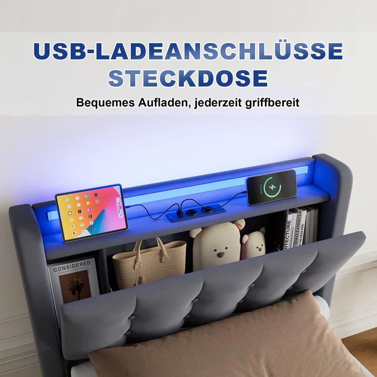 Polster-Jugendbett aus Samt mit LED, USB, hydraulischem Stauraum & Schubladen, ohne Matratze, 90x200 cm, Grau – Bild 4