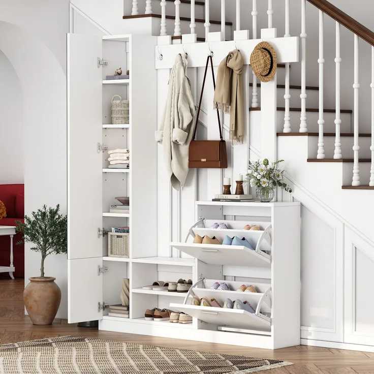 135*25*180cm Garderoben-Set mit Spiegel, Flurschrank, Hängeschrankregal, Kompaktgarderobe, Mit 2 unteren Klapptüren-Schuhschränken + 2 Aufbewahrungsschränke, Geeignet für Türöffnungen, Flure,Weiß