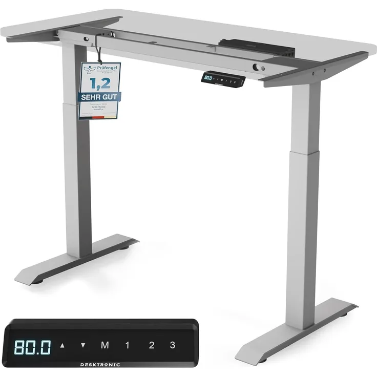 Desktronic Elektrisch Höhenverstellbarer Schreibtischgestell HomeOne, Grau, mit Memory-Funktion, Anti-Kollisions Technologie, USB-A und USB-C-Ladeanschlüssen