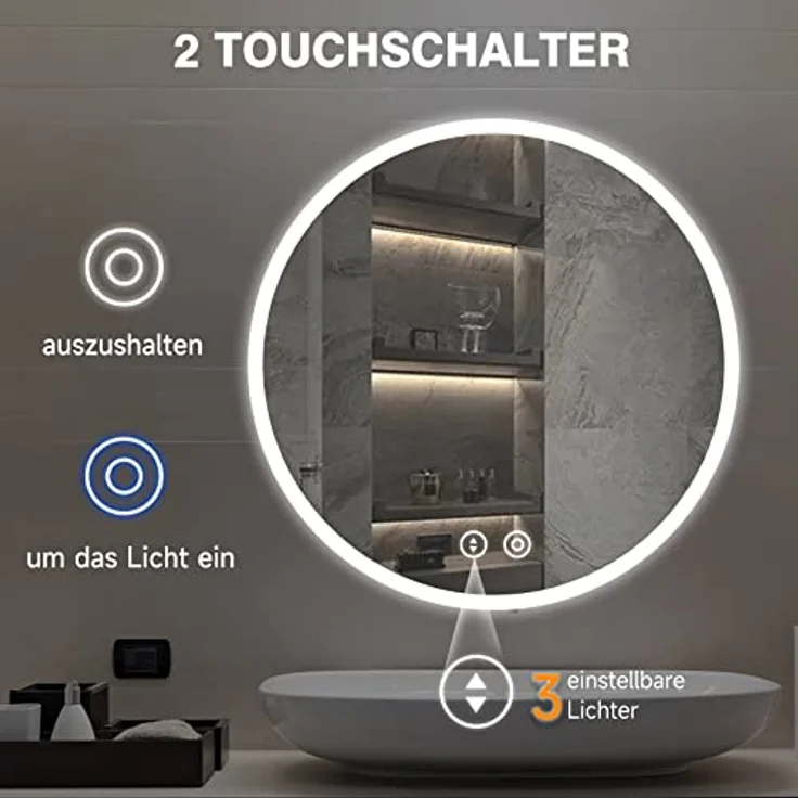 YOLEO Runder Badspiegel mit Beleuchtung, Spiegel rund 60cm mit Beleuchtung, Badezimmerspiegel Wandspiegel mit Touchschalter und Explosionsgeschütztes Glas, 3 Lichtfarben dimmbar, 6500K – Bild 3