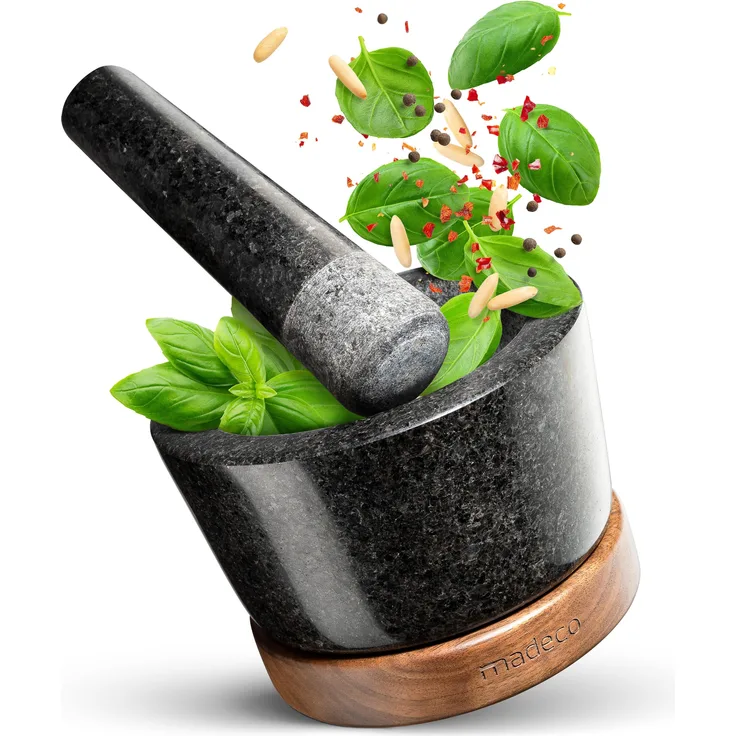 madeco Mörser mit Stößel Granit auf Holzsockel Nussbaum Ø 14,5 cm - Perfekt geeignet für Gewürze, Kräuter & Nüsse - Steinmörser Set - Design Granit Mörser & Stößel groß