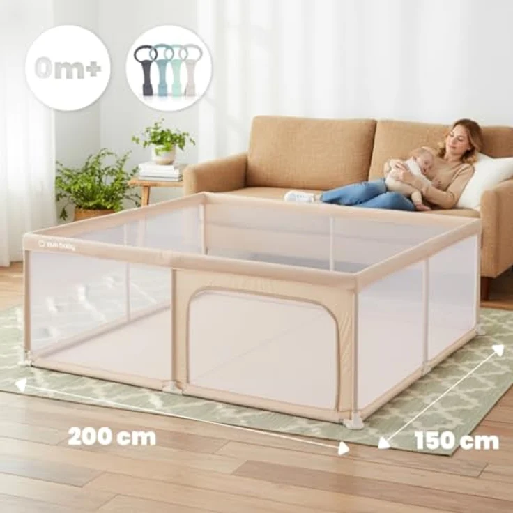 sun baby Laufstall mit grün Griffen 150x200 cm 0-2 Jahre Beige, Polyester, Netzwände, Eingang mit Reißverschluss, rutschfeste Füße, Tragetasche im Set, Metallrahmen – Bild 7