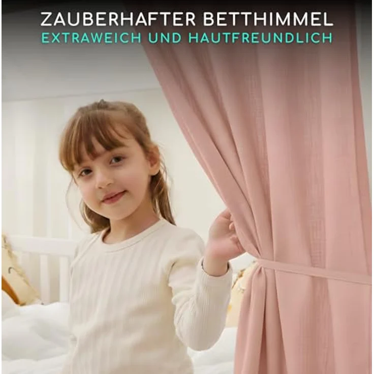 Alavya Home® Betthimmel Dekoset (2 Stück Betthimmel 1 Stück Wimpelkette 300cm cm lang mit 9 Stück Wimpeln, 3-tlg), Dekoset aus 100% Bio-Musselin Baumwolle 125x350 cm – Bild 5