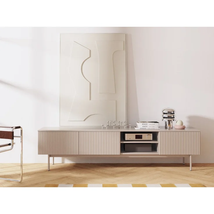 Beautysofa TV-Schrank Soft, Push-to-Open-System & Rillenfronten (mit 3 Türen & Offene Fächer, In der trendigen Farbe Kaschmir) – Bild 1