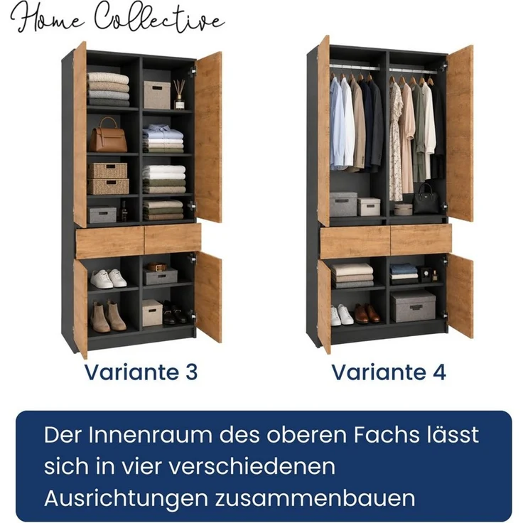 Home Collective Kleiderschrank Schrank Schlafzimmer Garderobenschrank Mehrzweckschrank Hochschrank (100 cm breit, mit 2 Schubladen, Kleiderstange & Einlegeböden) Wäscheschrank, vielseitig, grifflose Front, Anthrazit / Eiche – Bild 4